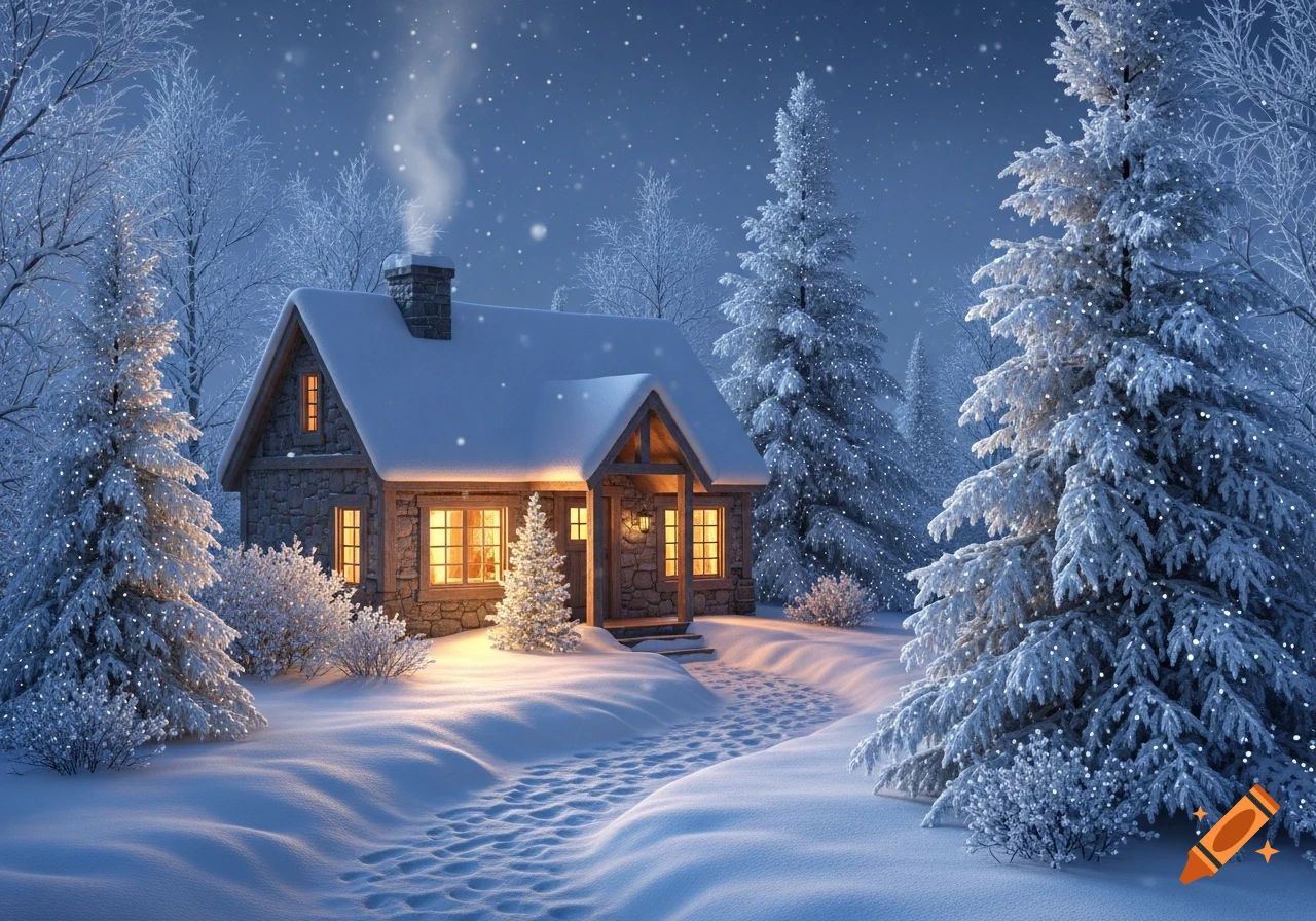 A snow-covered stone cottage with glowing windows sits in a serene winter forest at night, with snow falling.