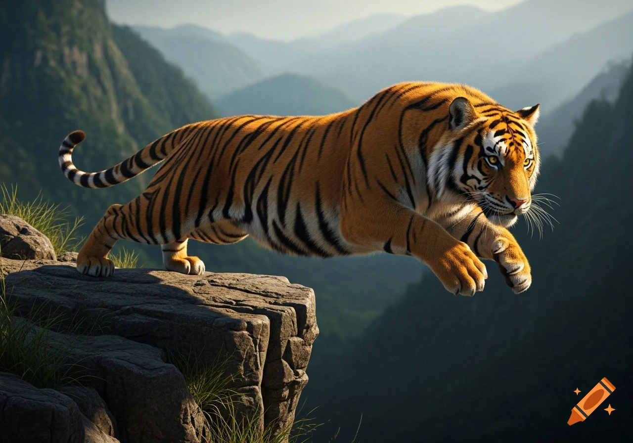 A majestic photorealistic tiger leaps from a rocky cliff with a dramatic mountainous landscape in the background.