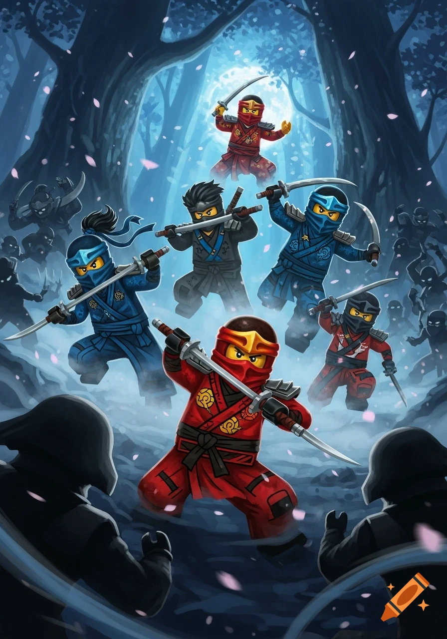 Ninjago ninjas battle shadowy foes in a moonlit, cherry blossom forest, cartoon style.