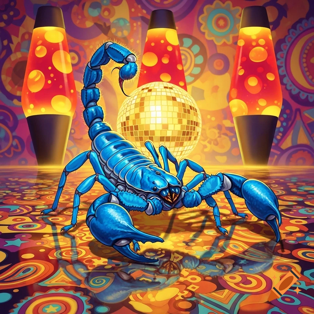 A vibrant blue scorpion on a psychedelic patterned floor, flanked by lava lamps, with a glowing disco ball behind it, in a 70s style.