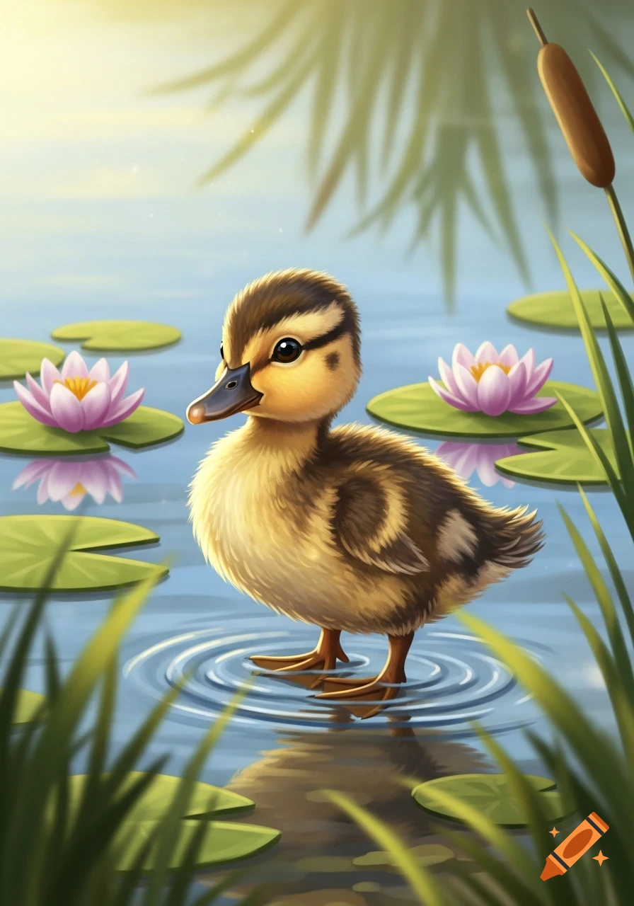 A cute, fluffy duckling stands in a calm pond with pink water lilies and green reeds, creating ripples in the water, in an illustration style.