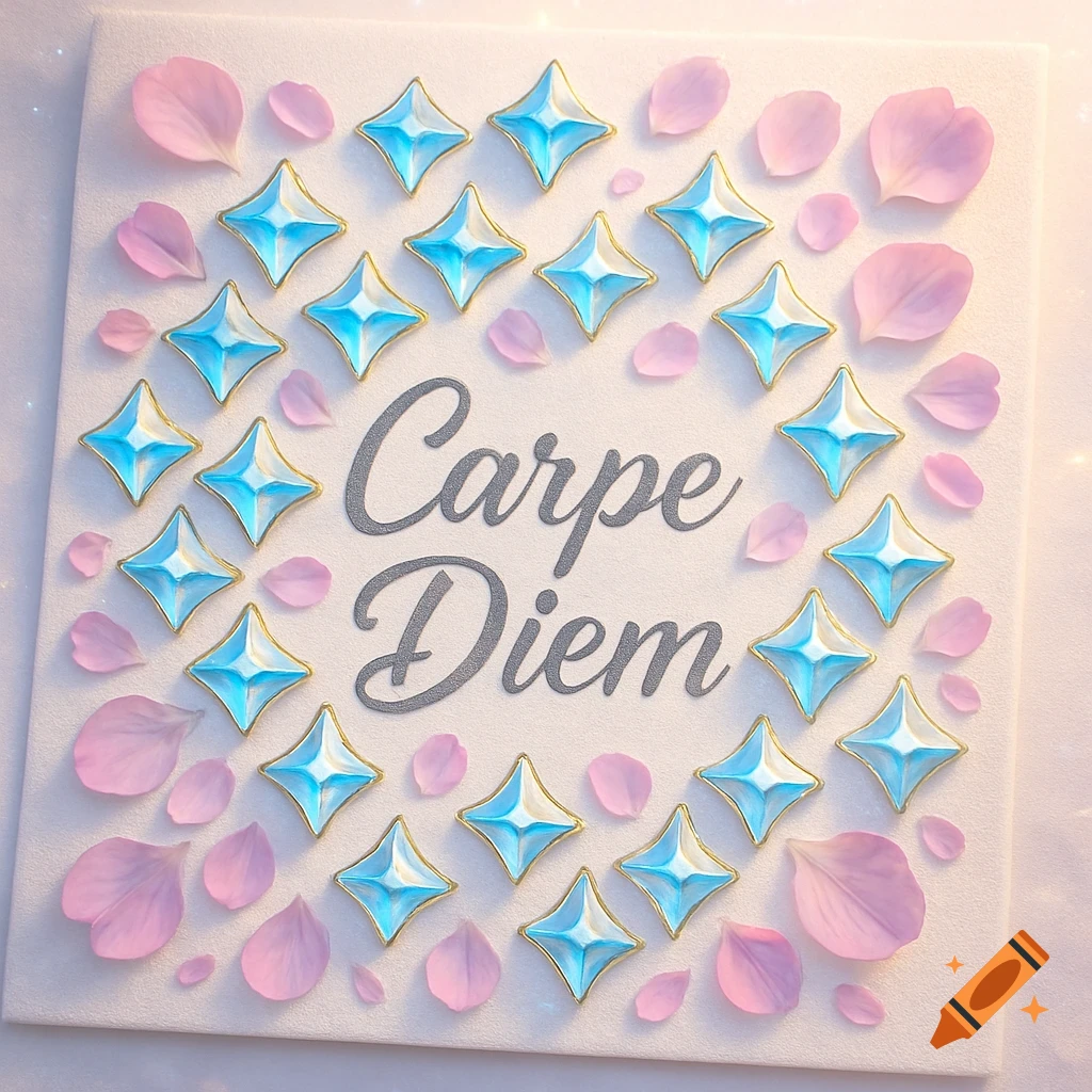 The phrase Carpe Diem in gray script on a white canvas, encircled by sparkling blue star gems and soft pink petals.