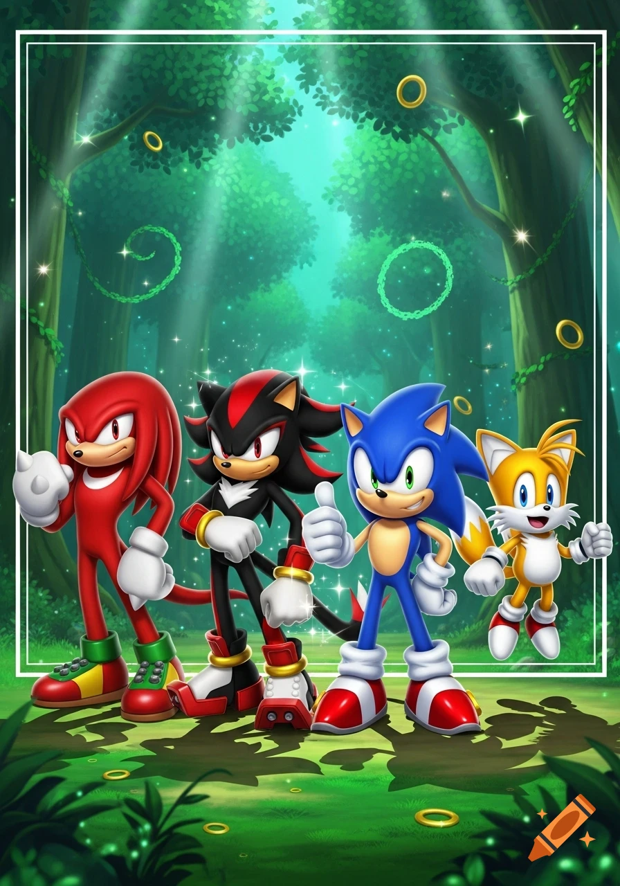 Knuckles, Shadow, Sonic, and Tails stand together in a vibrant green forest with golden rings floating around them.
