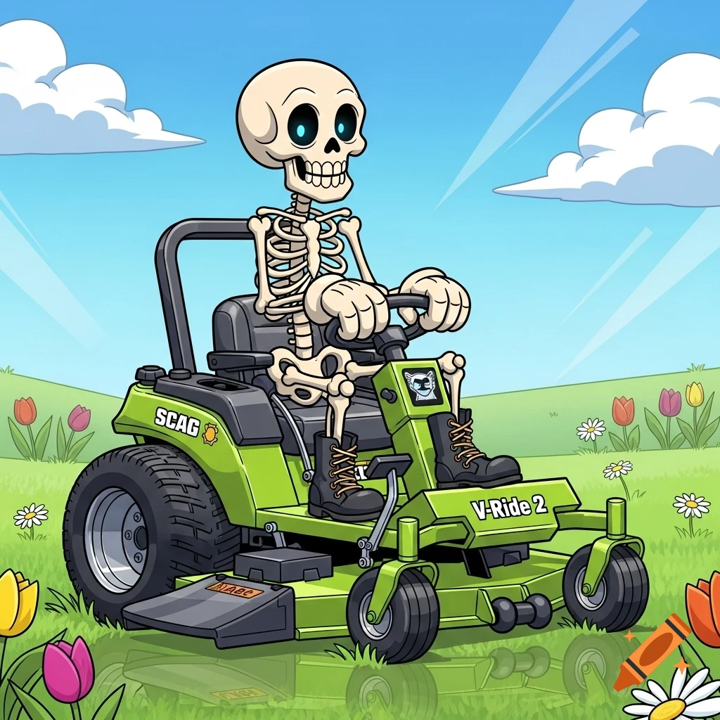 A cartoon skeleton with blue eyes drives a lime green Scag V-Ride 2 lawnmower in a grassy field with colorful flowers under a blue sky.
