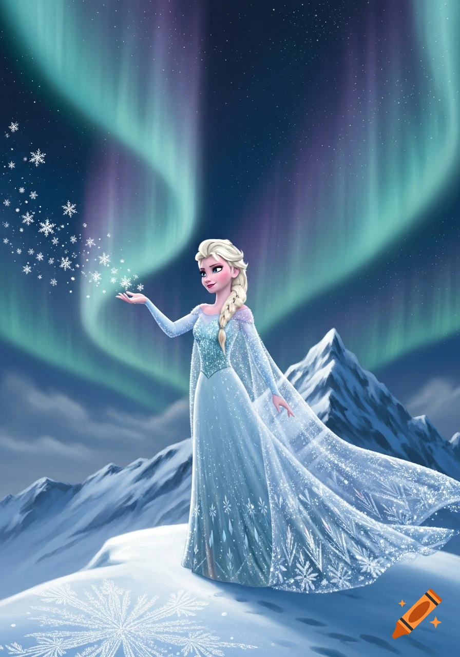 Elsa in a sparkling blue dress creating snowflakes on a snowy mountain ...
