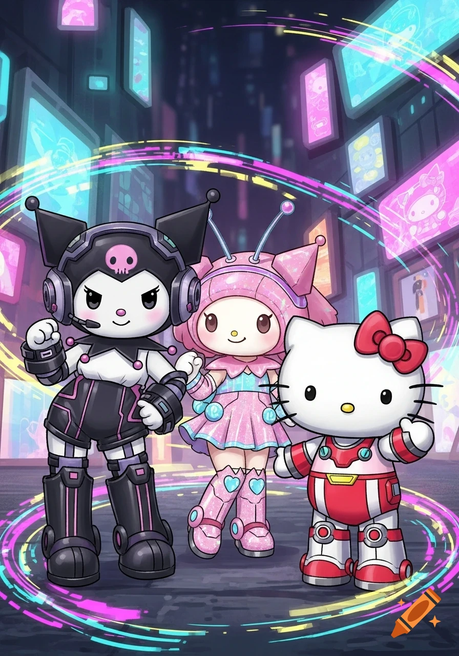 Kuromi, My Melody, and Hello Kitty wear futuristic outfits against a neon cyber cityscape.
