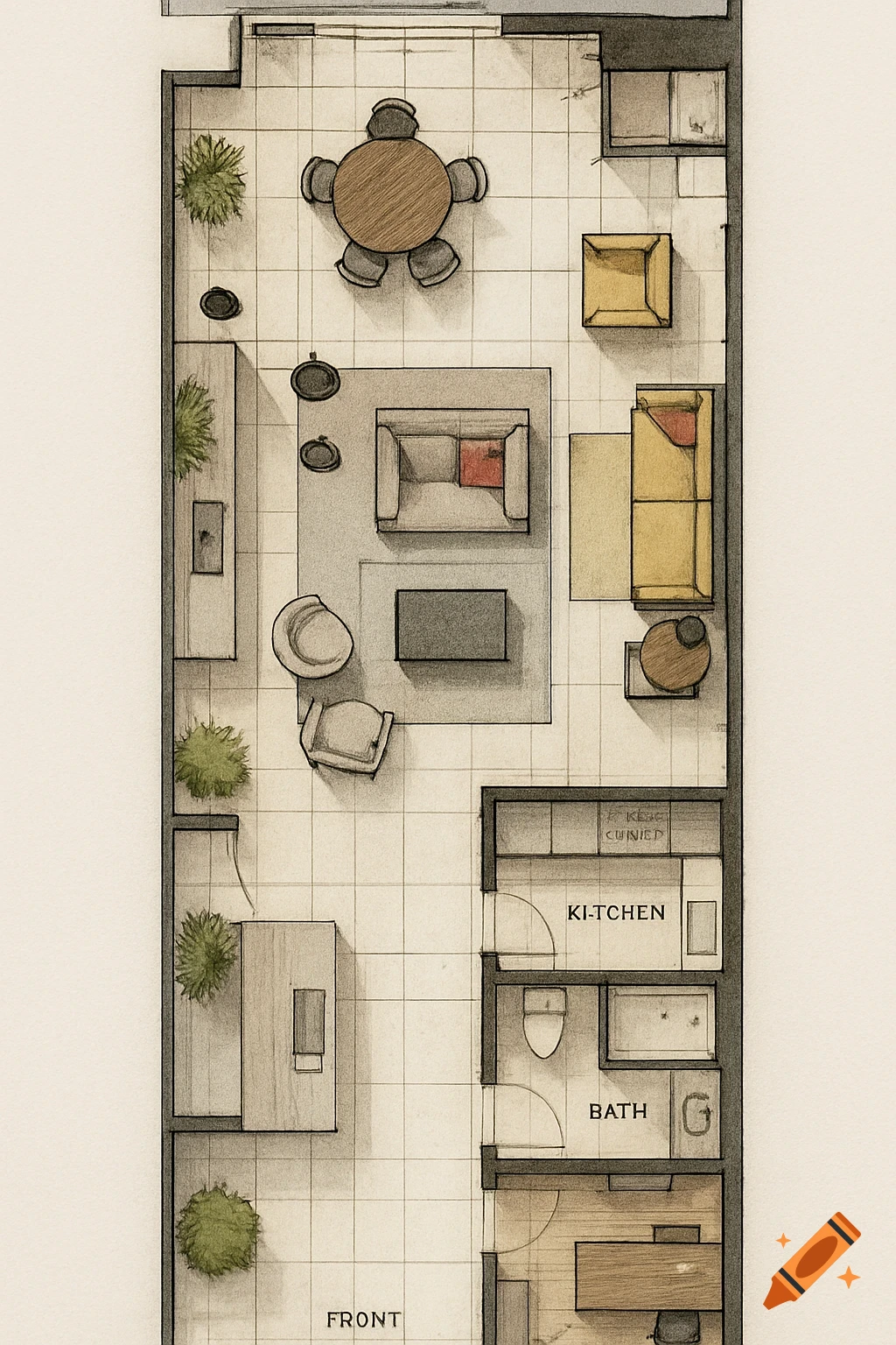 Top-down architectural floor plan in a hand-drawn style, showing a furniture store layout with a kitchen, bath, and office.
