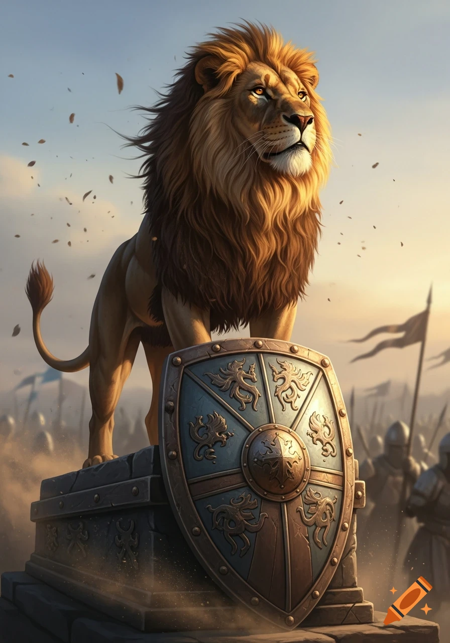 A majestic lion stands on a stone pedestal next to an ornate shield, overlooking an army under a golden sky in a detailed digital painting.