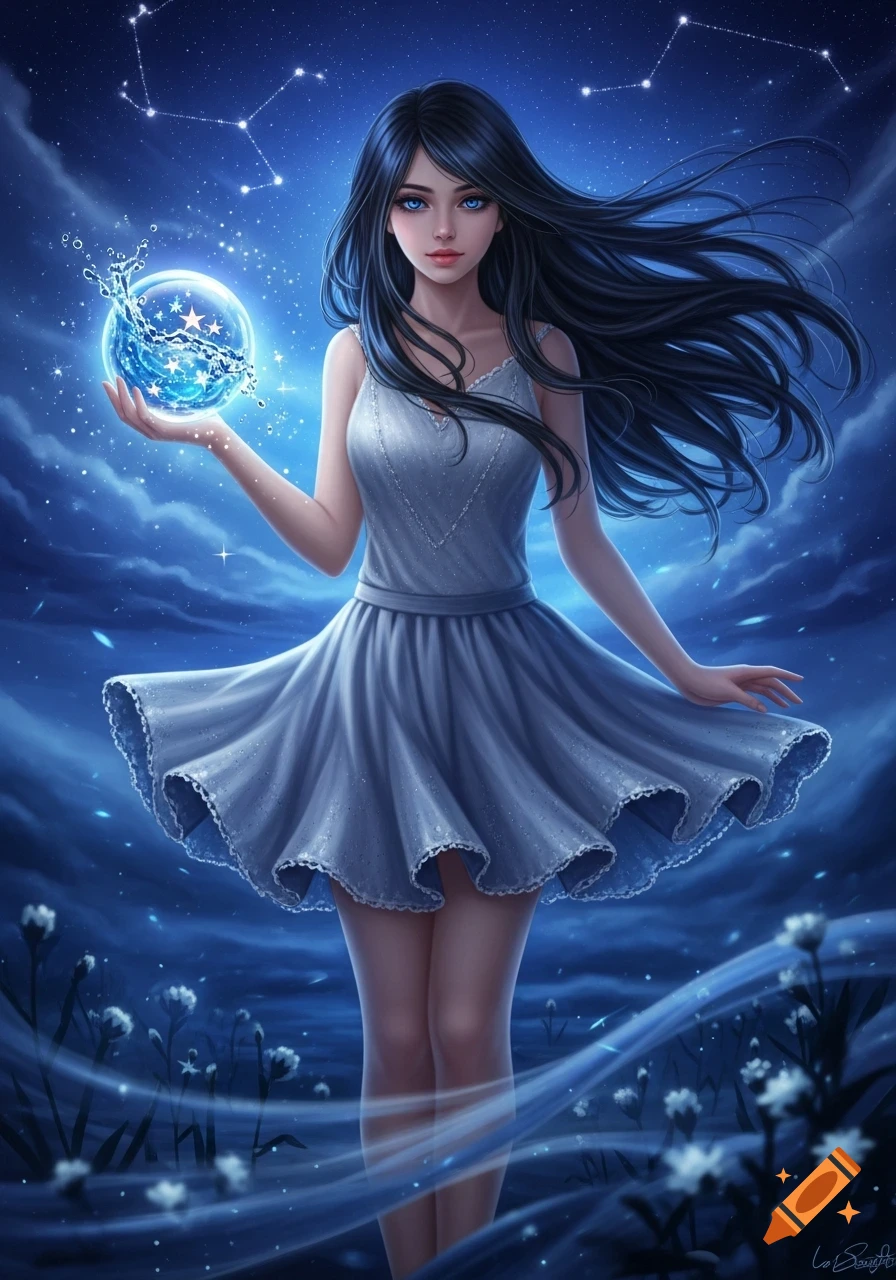 Anime girl with dark hair and blue eyes, in a light blue dress, holding a magical blue orb with water and stars under a starry night sky.