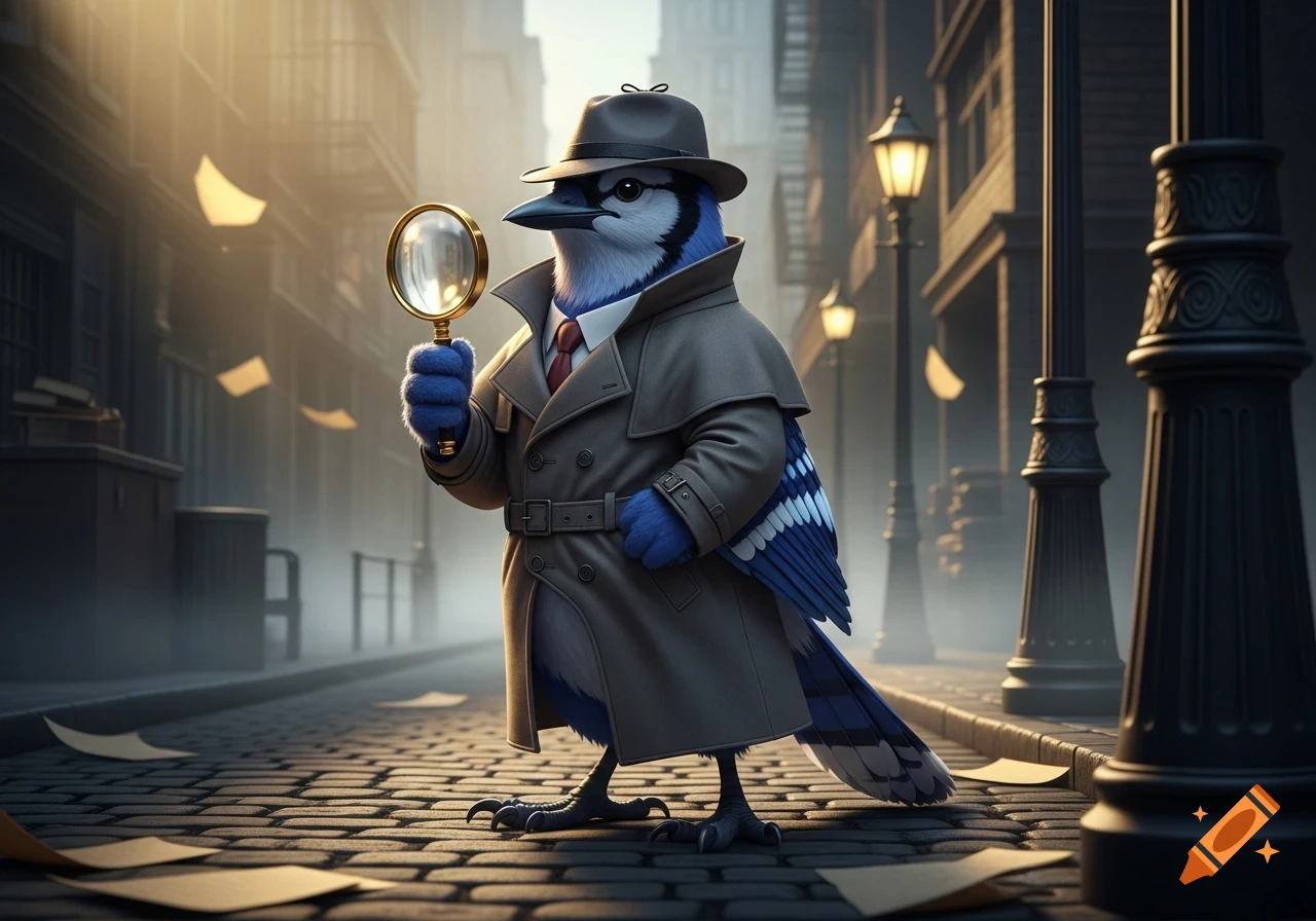 A blue jay detective in a trench coat and fedora holds a magnifying glass on a foggy city street.