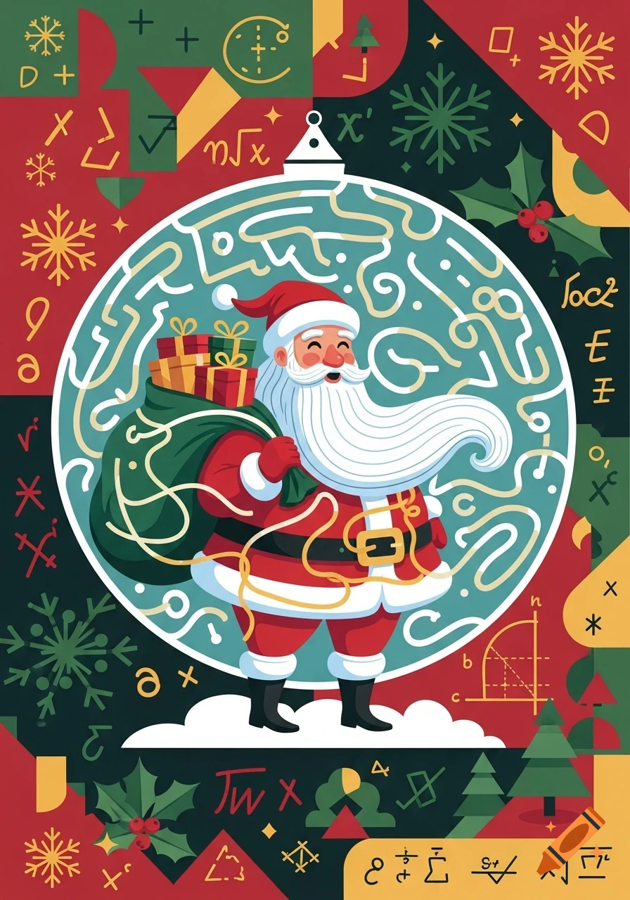 Stylized illustration of Santa Claus in a large Christmas ornament, surrounded by snowflakes, holly, trees, and various mathematical symbols and graphs on a red and green background.