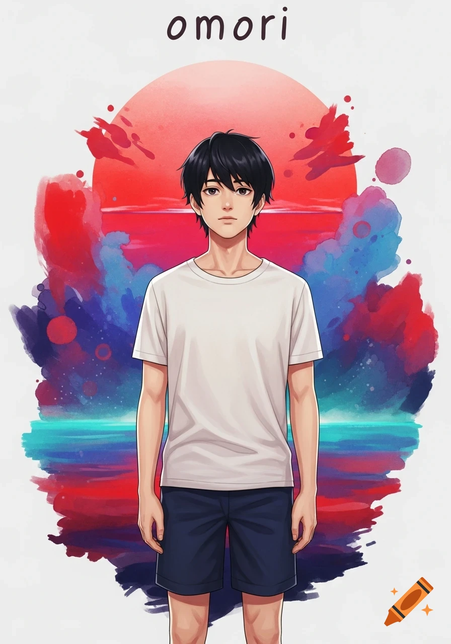 An anime-style illustration of a young man with black hair, wearing a white t-shirt and blue shorts, standing against a vibrant red, blue, and teal watercolor background. The word 'omori' is above him.