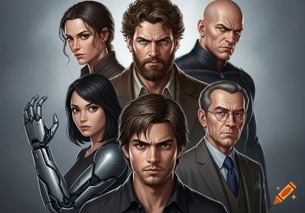 A digital illustration of six diverse characters, including a woman with a cybernetic arm, a bald man, and a bearded man, against a gray background.
