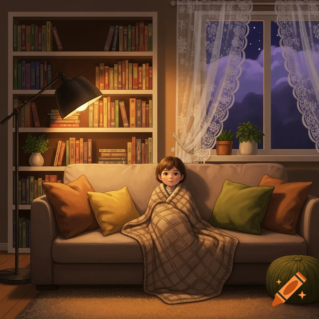A child bundled in a plaid blanket sits on a sofa in a cozy, dimly lit room with bookshelves and a window showing a night sky.