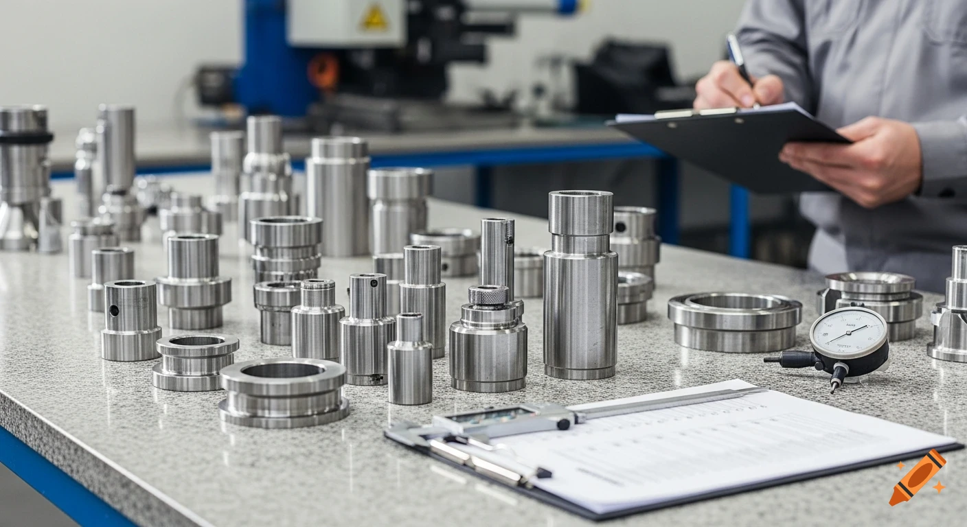 Photorealistic image of precision metal parts and quality control tools on an inspection table, with a technician checking a clipboard in a factory.