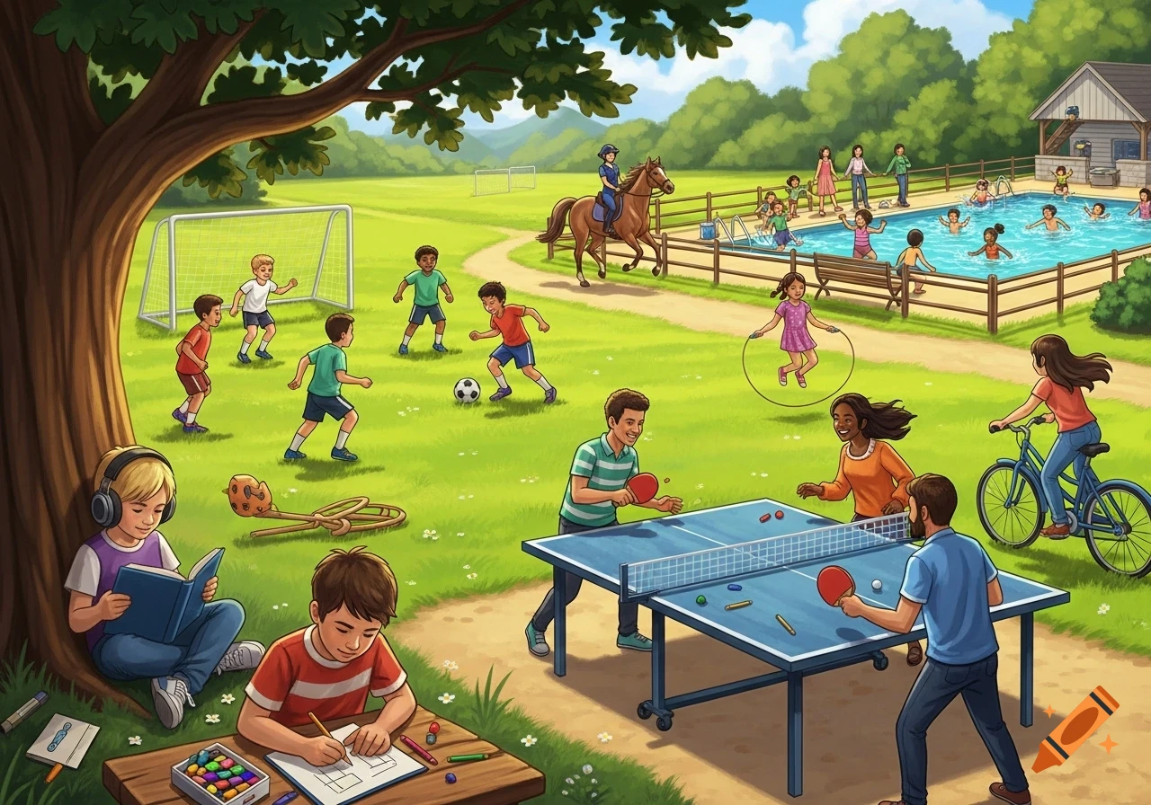 Vibrant illustration of a park scene with children and adults enjoying outdoor activities like soccer, swimming, ping pong, reading, and biking.