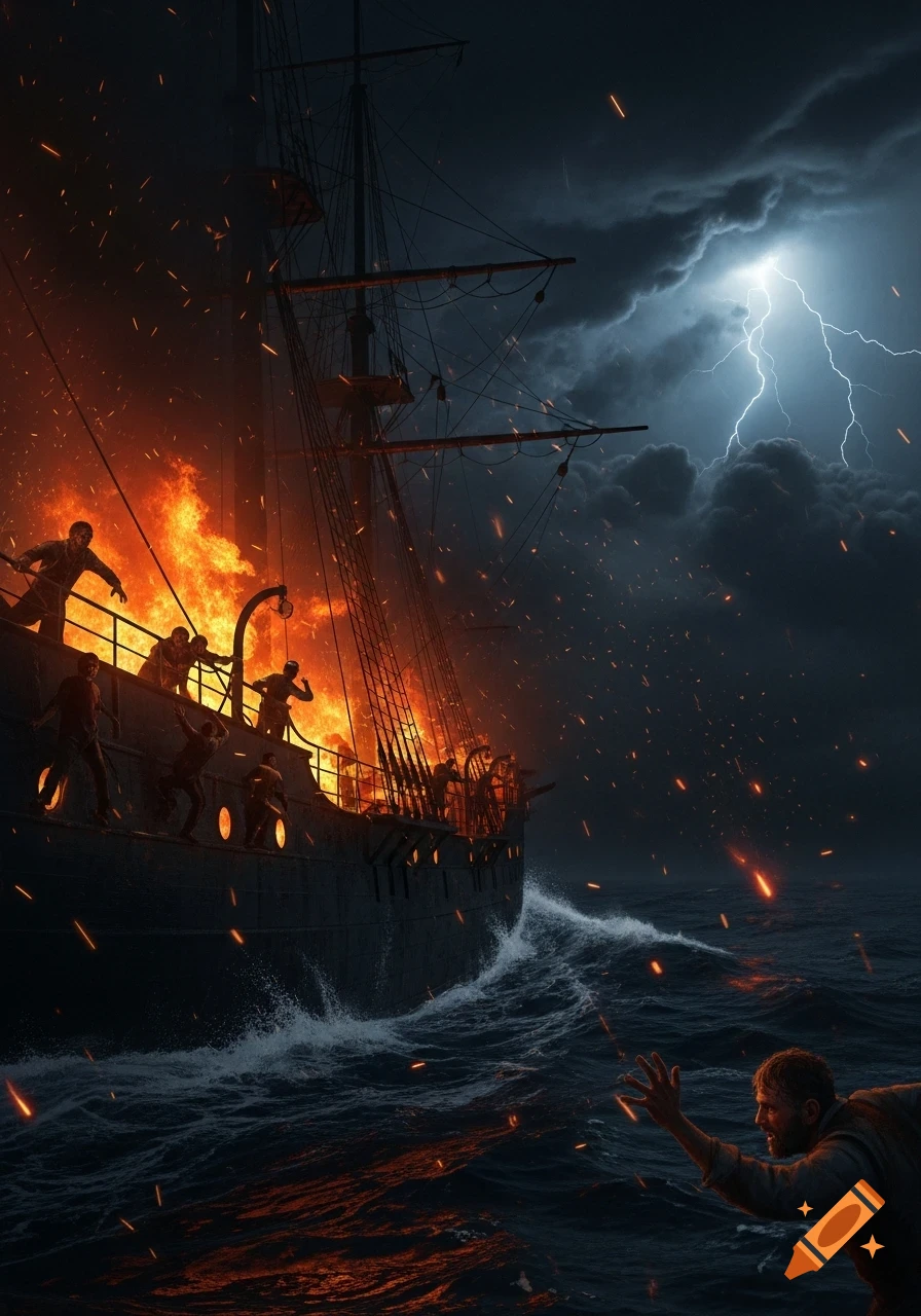 A burning ship with panicked crew sails through a stormy sea as lightning strikes, a man struggles in the foreground.
