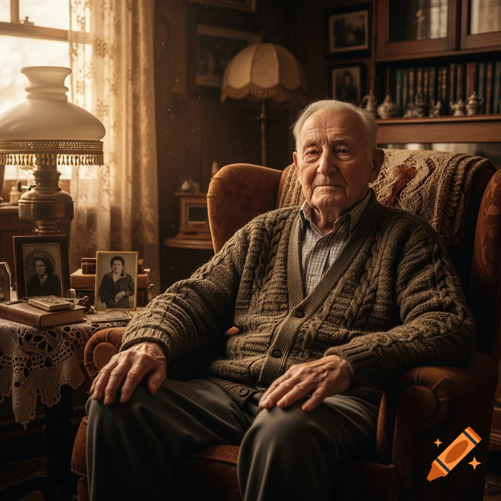 An elderly man in a brown cable-knit cardigan sits in a cozy armchair in a dimly lit, old-fashioned room. Photorealistic style.