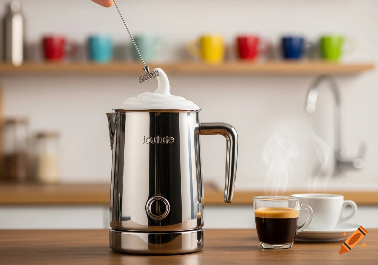 A stainless steel milk frother being used on a kitchen counter, next to a steaming cup of espresso. Colorful mugs are blurred in the background.