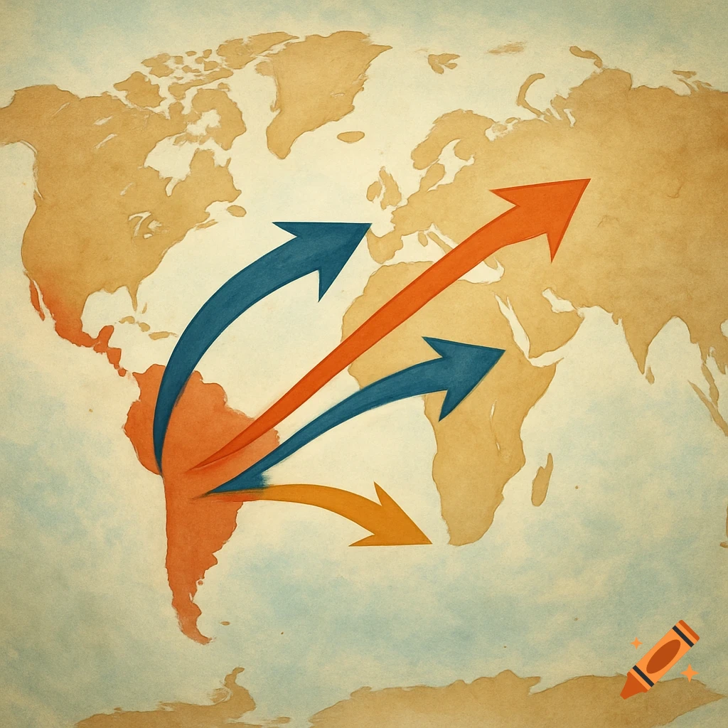 A vintage-style world map with large blue, orange, and yellow arrows illustrating global routes.