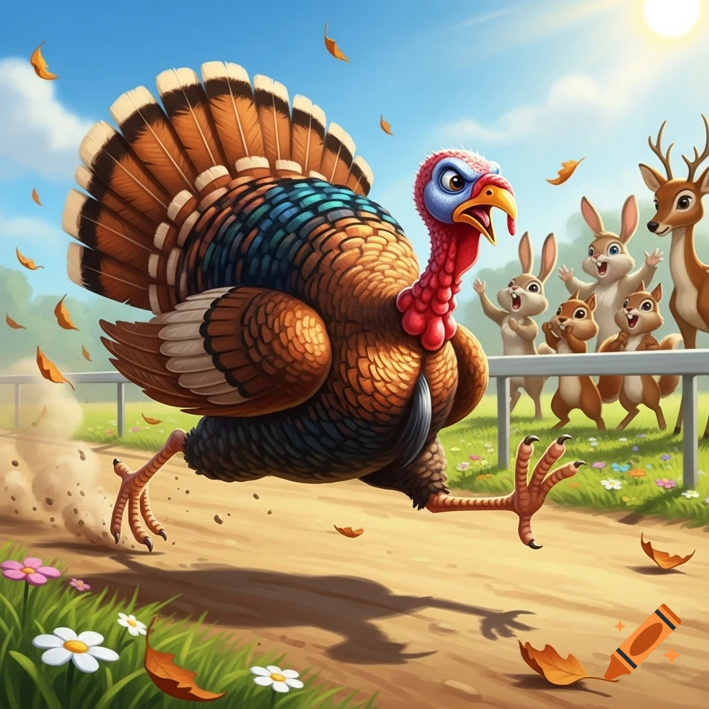 A cartoon turkey with colorful feathers is running a race on a dirt track, kicking up dust. Small cartoon animals watch.