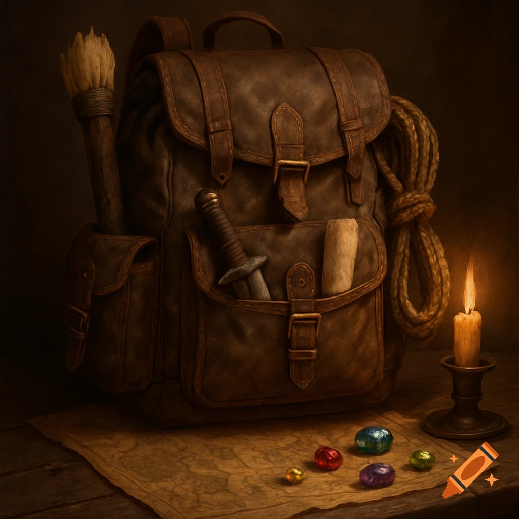 Brown leather adventurer's backpack with a torch, dagger, scroll, and rope, set on a map with colorful gems and a lit candle, dnd fantasy style.