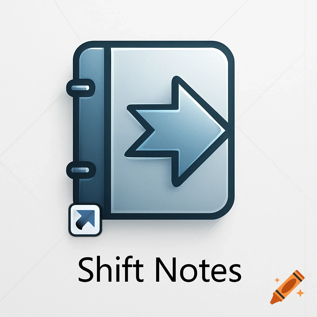 A blue and gray icon for 'Shift Notes' app, showing a stylized notebook with a right-pointing arrow.