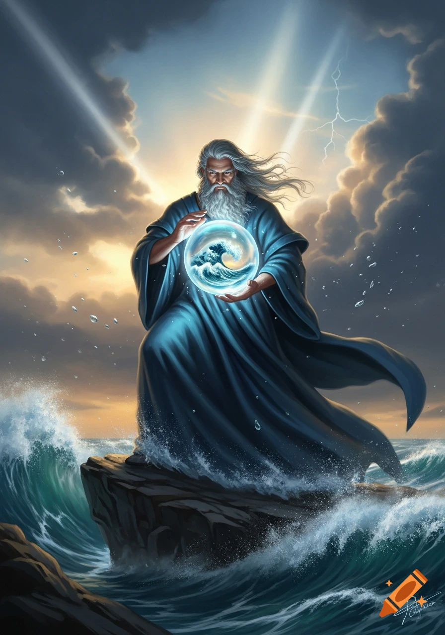 A powerful ocean wizard with a long beard and flowing robes stands on a rock, holding a glowing sphere containing a perfect wave as waves crash around him.