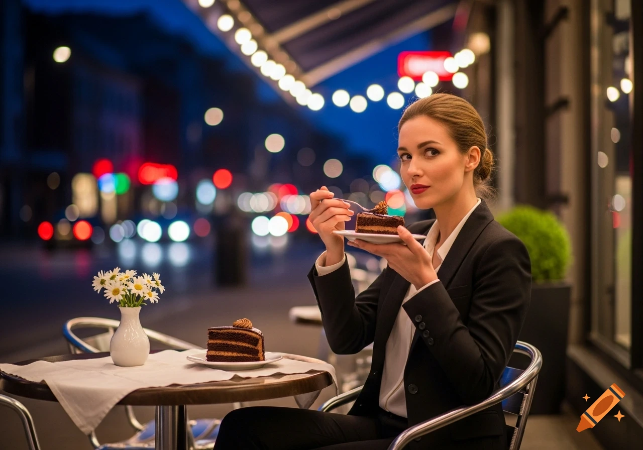 Photorealistic image of a woman eating chocolate cake at an outdoor cafe table in a downtown city at night.