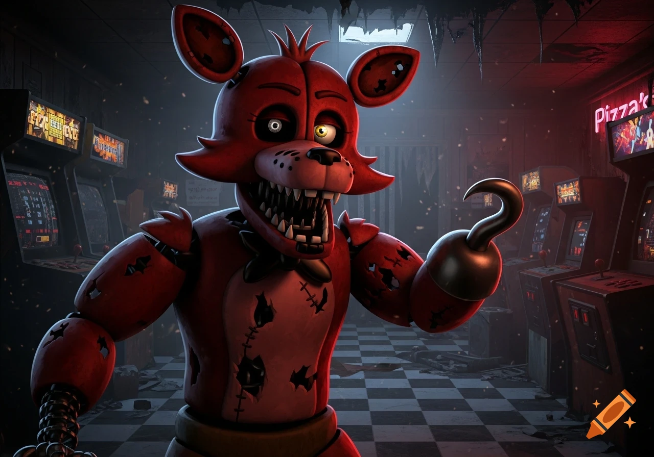 Foxy, a red animatronic fox with jagged teeth and a hook hand, stands in a dilapidated arcade with glowing game machines and a neon "PIZZA'S" sign in the background.