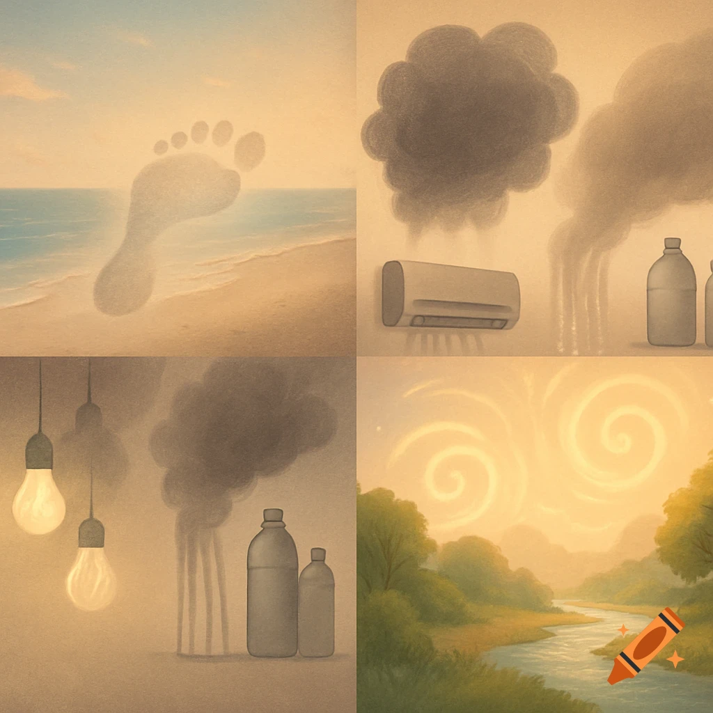 Four-panel illustration depicting environmental impact, with a footprint on a beach, pollution from factories, AC, lightbulbs, plastic, and a natural river landscape.