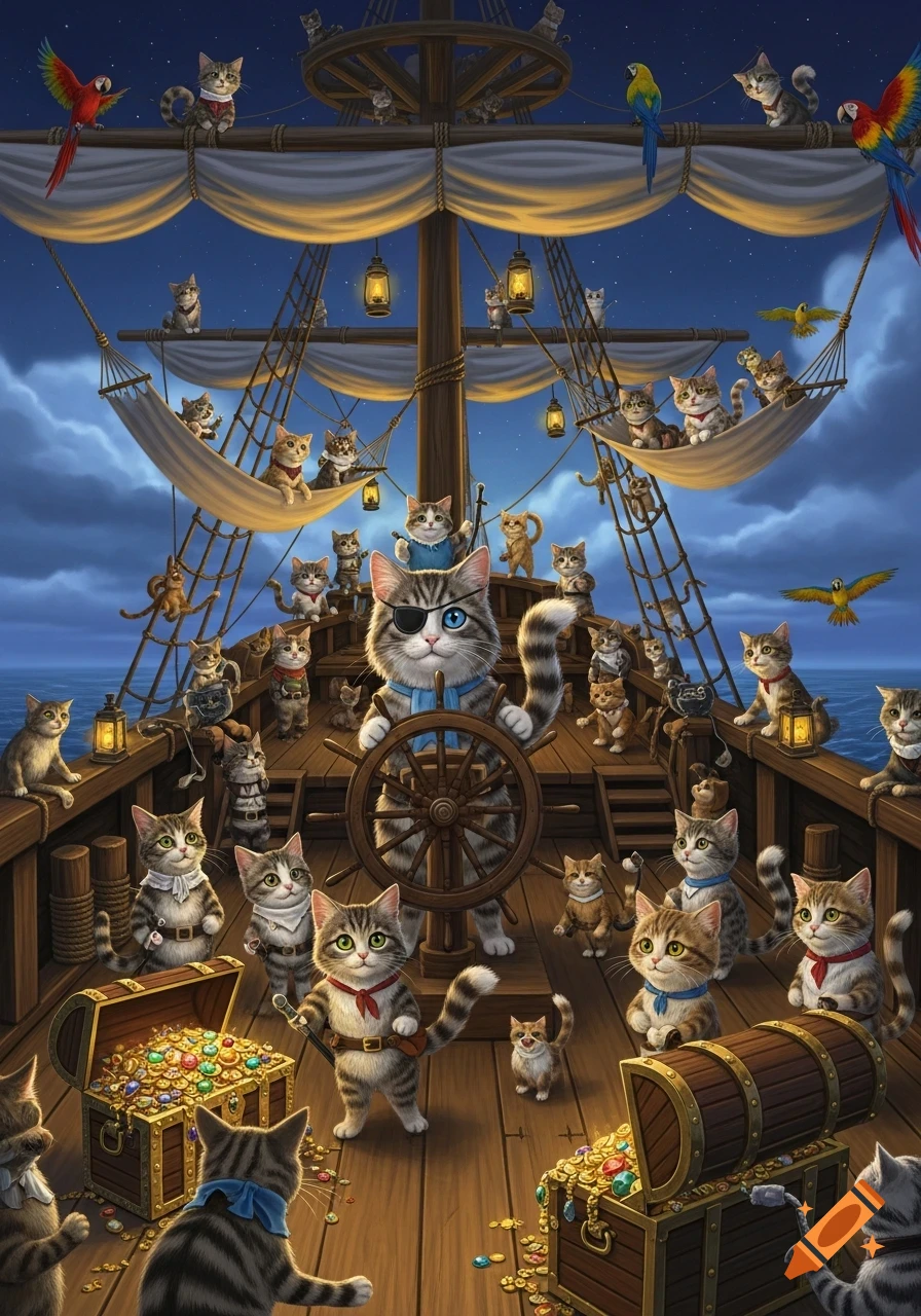 Detailed digital illustration of numerous anthropomorphic pirate cats on a ship at sea, one steering, surrounded by treasure and other cats.