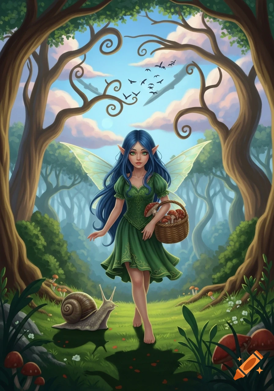 A blue-haired fairy with green eyes in a green dress walks barefoot in an enchanted forest, carrying a mushroom basket, accompanied by a snail.