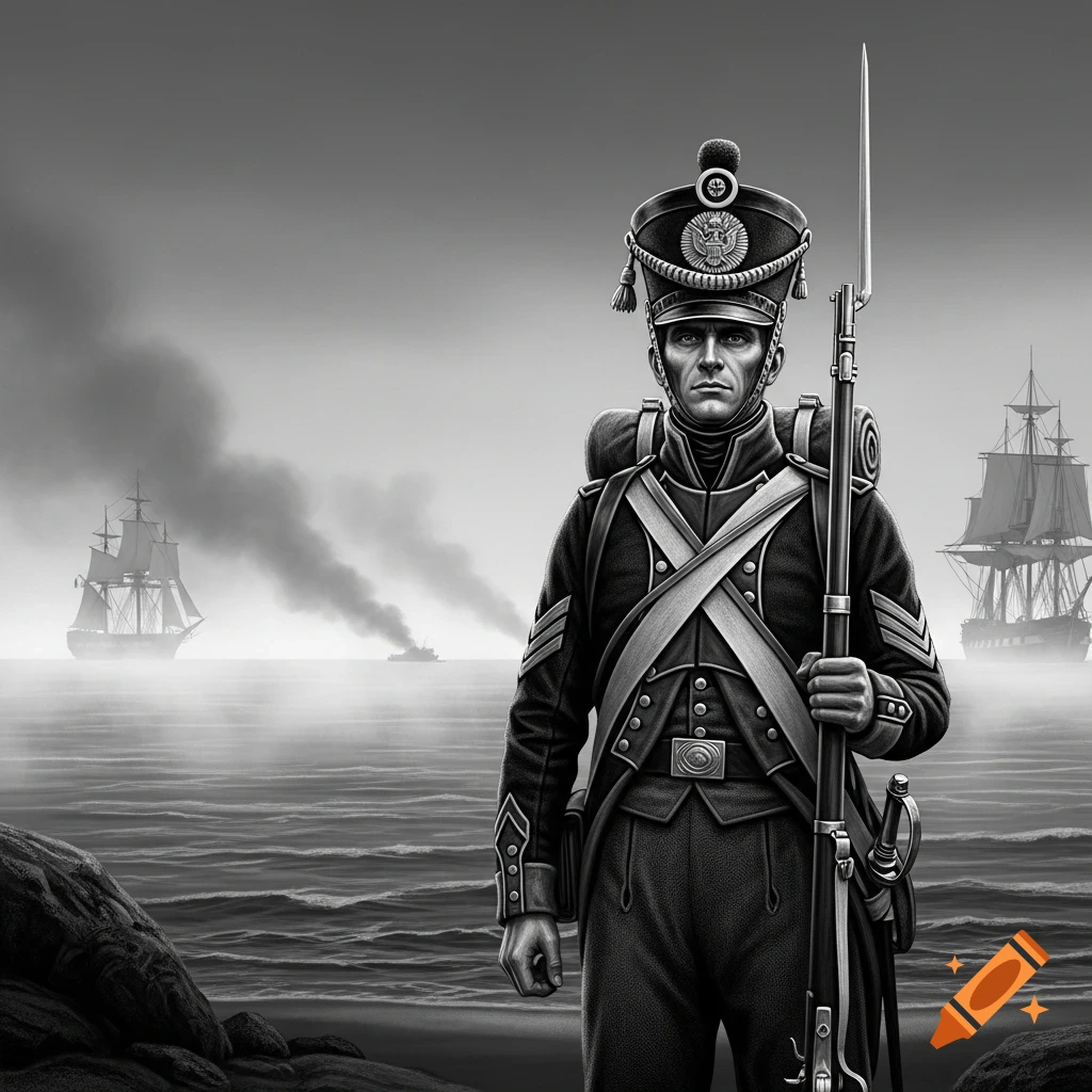A black and white image of a 19th-century soldier in uniform holding a spear, standing by the water with sailing ships.