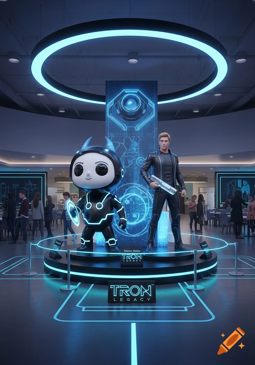 A futuristic display featuring a chibi Tron character and a human statue in a sci-fi cafeteria with blue neon lighting.