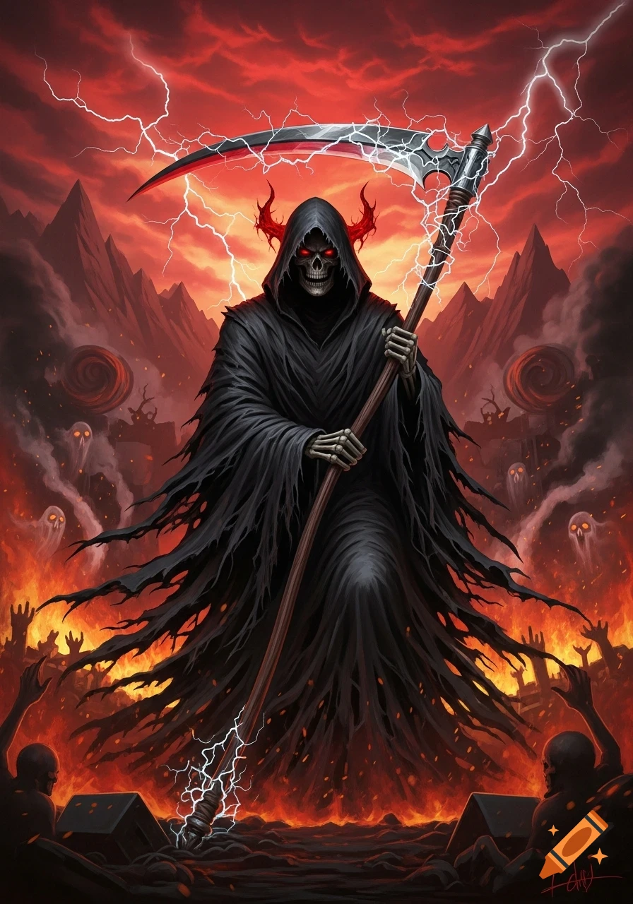 A Grim Reaper with glowing red eyes and horns stands in a fiery ...