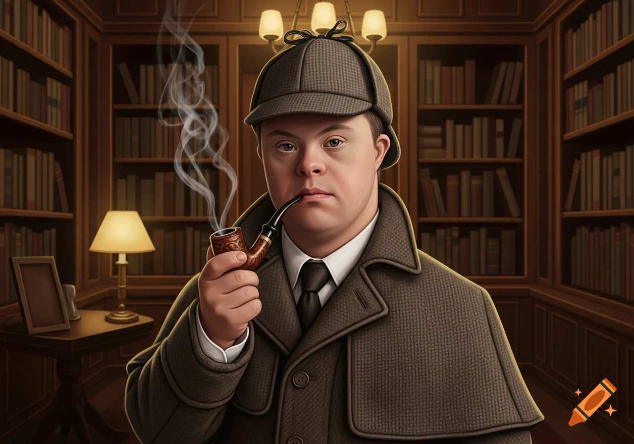 A man with Down syndrome in a Sherlock Holmes outfit smokes a pipe in a library, looking thoughtful.
