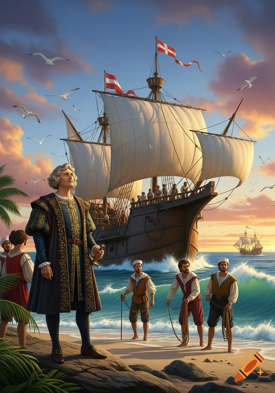Christopher Columbus and sailors stand on a tropical beach as their caravelle ship sails toward the shore at sunset.