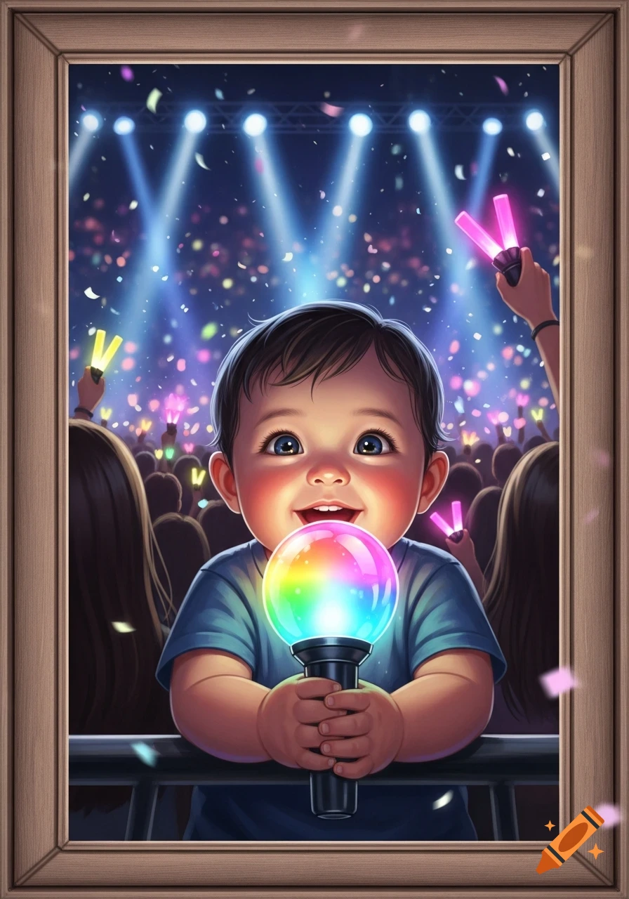 A cute illustrated baby holds a glowing rainbow lightstick at a vibrant K-pop concert with stage lights and a cheering crowd.