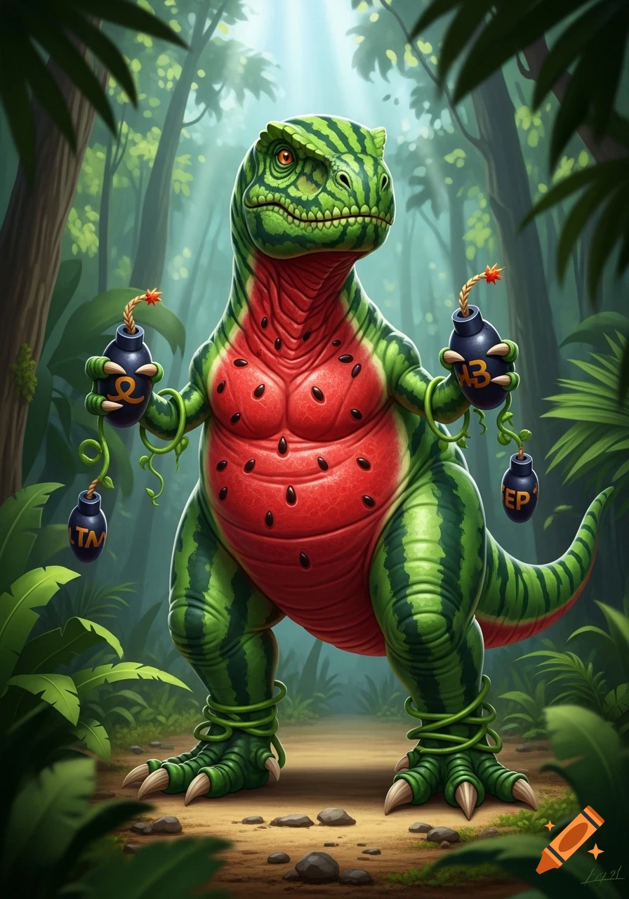 A vibrant cartoon watermelon dinosaur stands in a lush jungle, holding four black bombs with lit fuses.