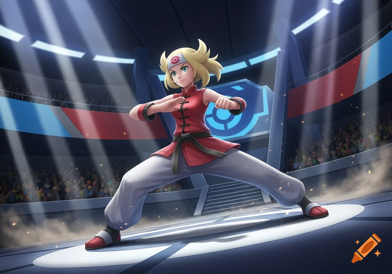 A female Pokémon gym leader in a red martial arts gi stands in a wide fighting stance in a stadium.