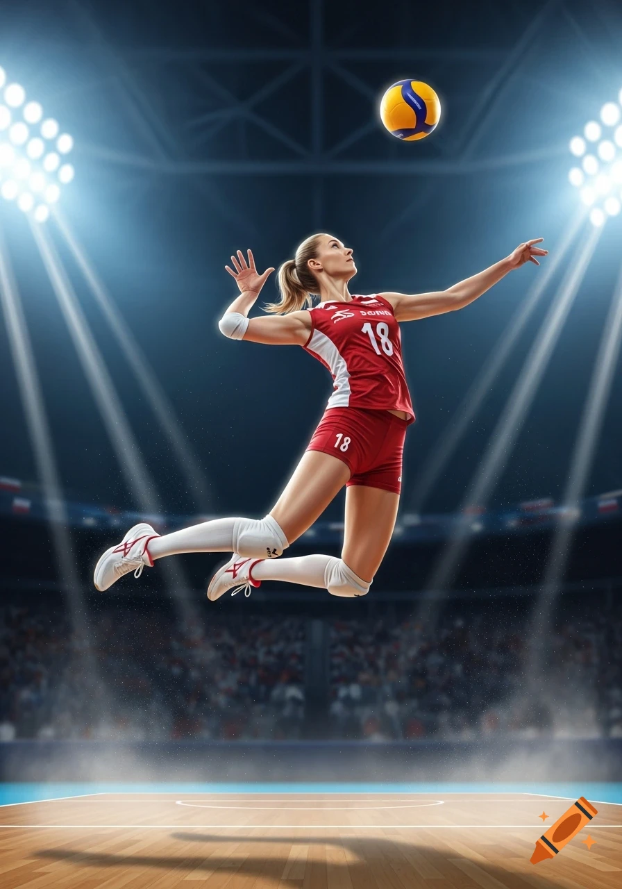 A female volleyball player in a red uniform jumps high to hit a ball in a brightly lit arena.