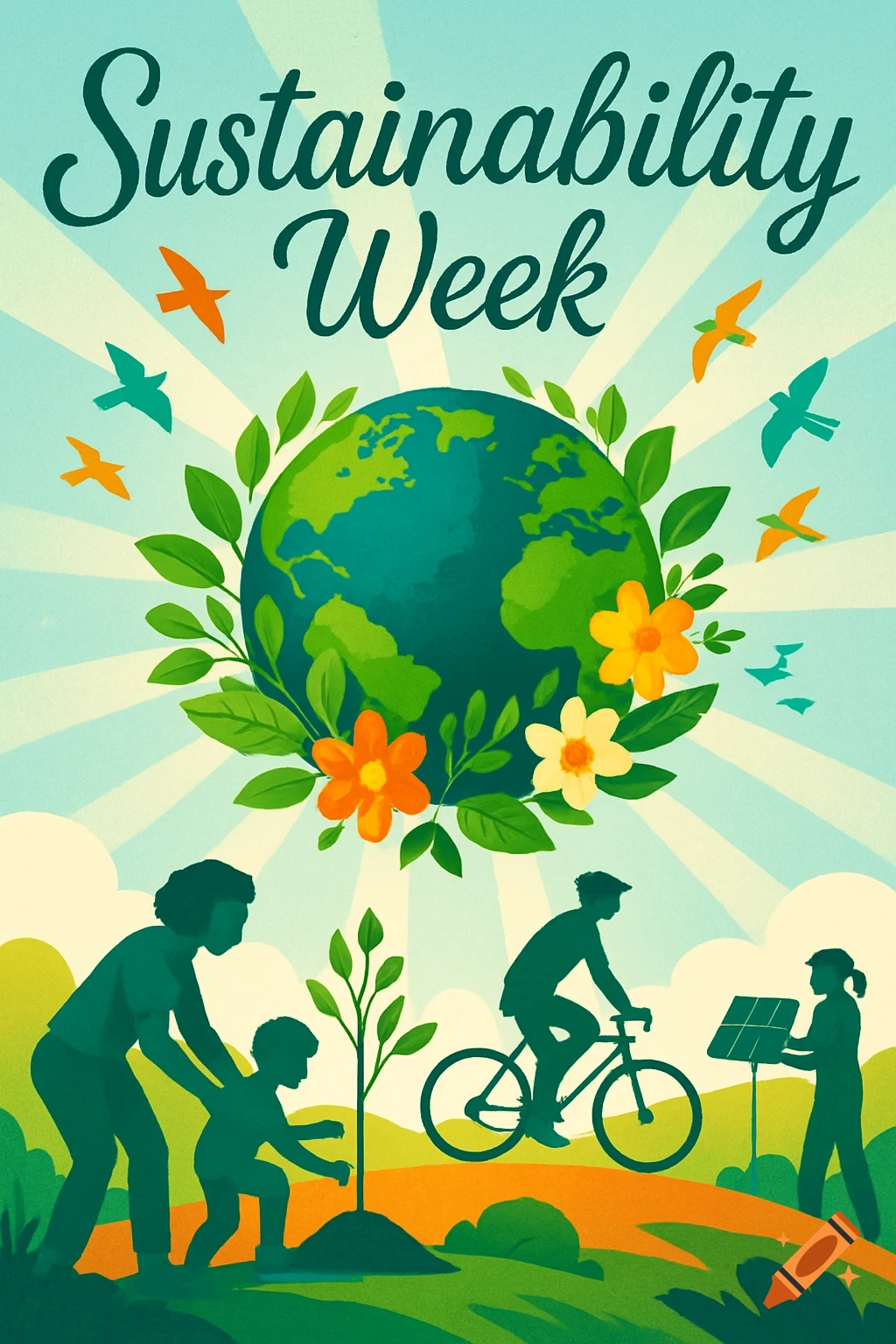 An illustration for Sustainability Week featuring a globe, nature, people planting a tree, cycling, and solar panels.