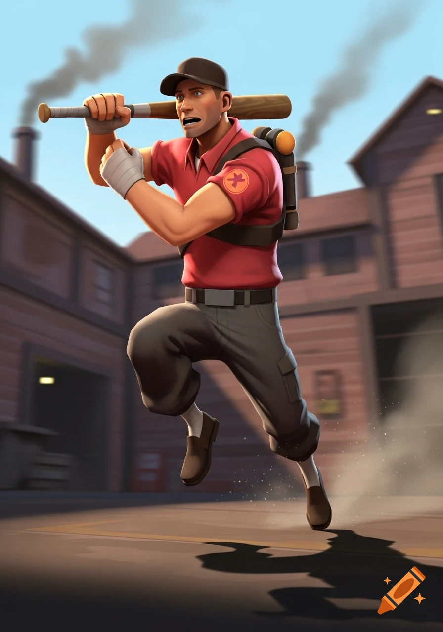 A muscular Team Fortress 2 Scout character in a red shirt and cap, running with a baseball bat over his shoulder, in a vibrant cartoon style.