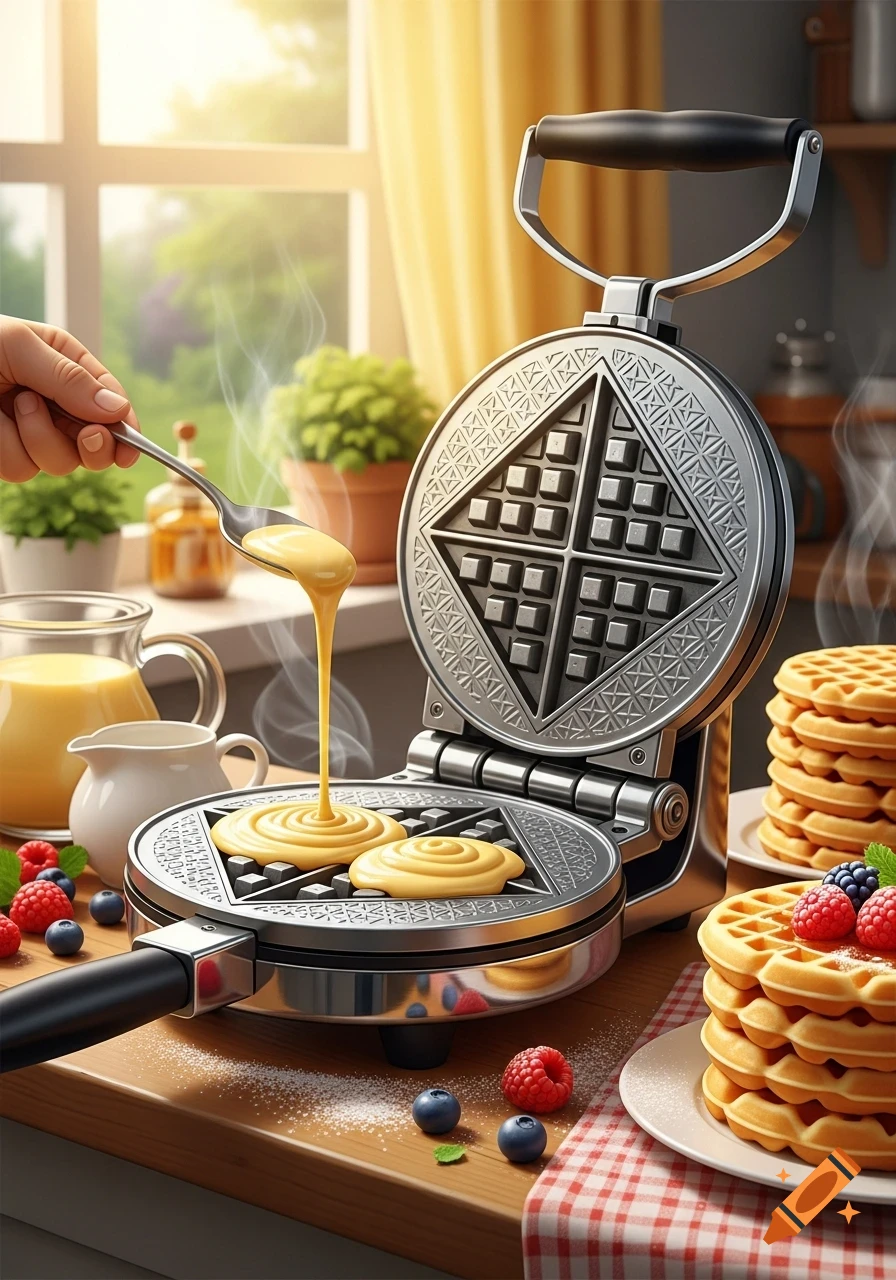 Photorealistic image of a hand pouring waffle batter into a hot waffle iron on a sunlit kitchen counter, with berries and stacked waffles nearby.
