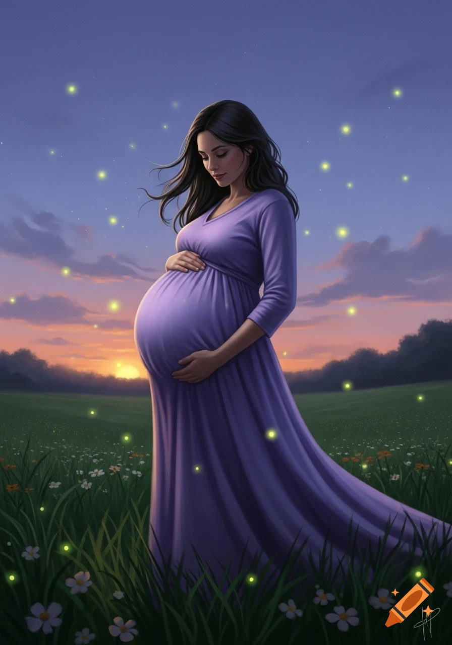 A pregnant woman in a purple dress stands in a field with fireflies at sunset, holding her belly, in a painterly style.