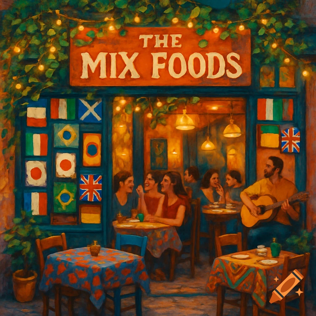 A warmly lit, painterly street scene of a restaurant called "The Mix Foods" with people dining and a man playing guitar. Flags decorate the facade.