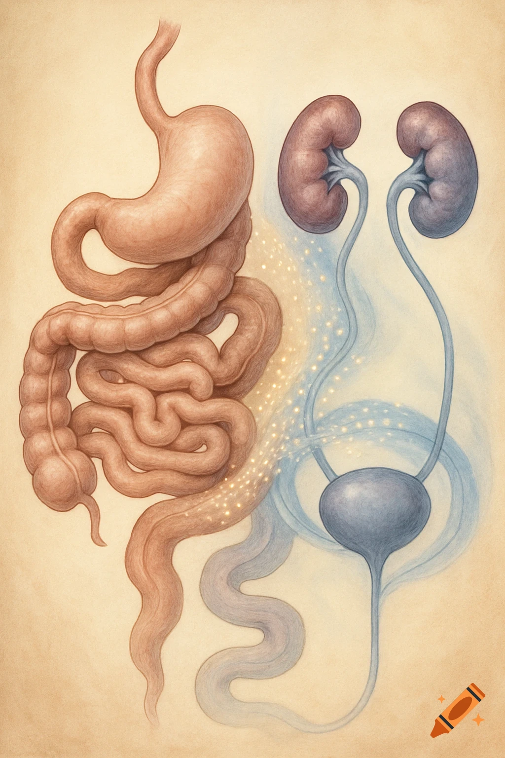 Anatomical illustration of the human digestive system (stomach, intestines) and urinary system (kidneys, bladder) with glowing particles.
