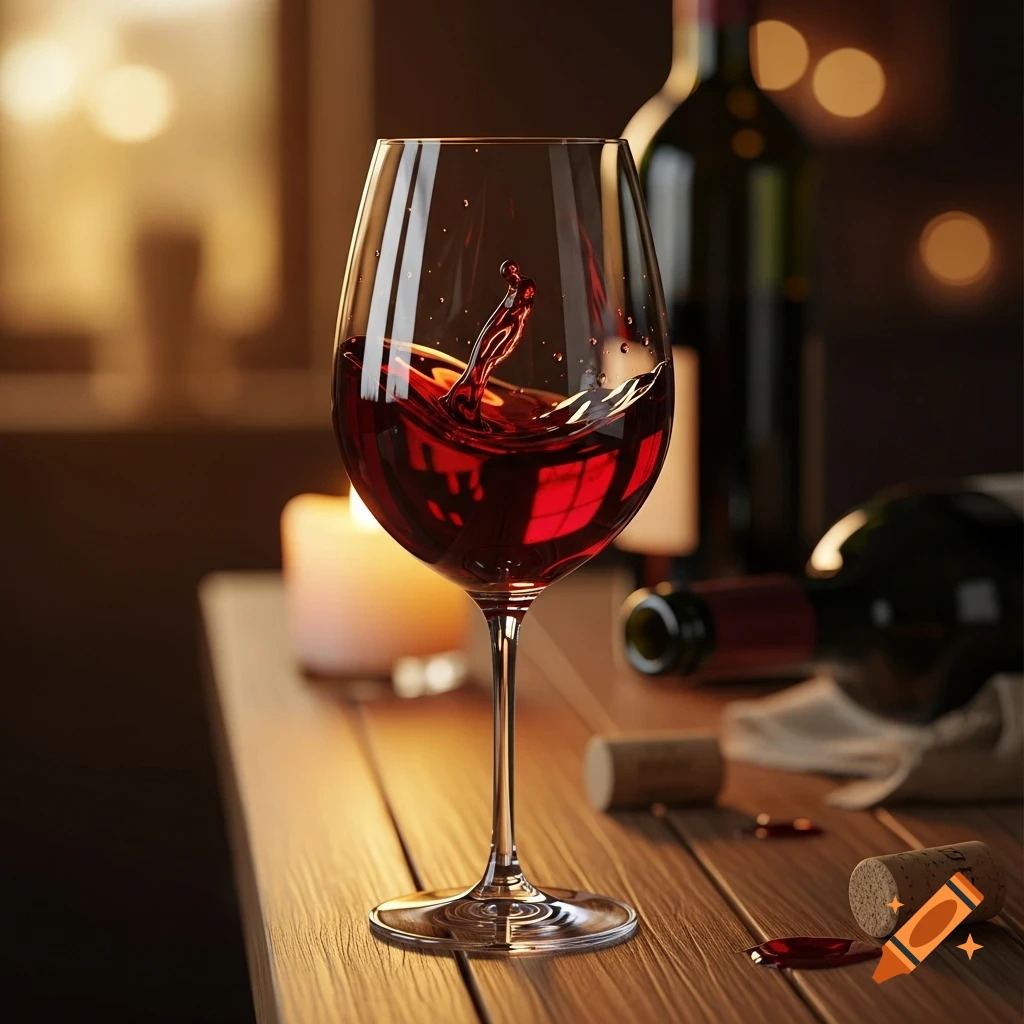 Photorealistic image of a glass of red wine with a splash, a wine bottle, and corks on a wooden table.