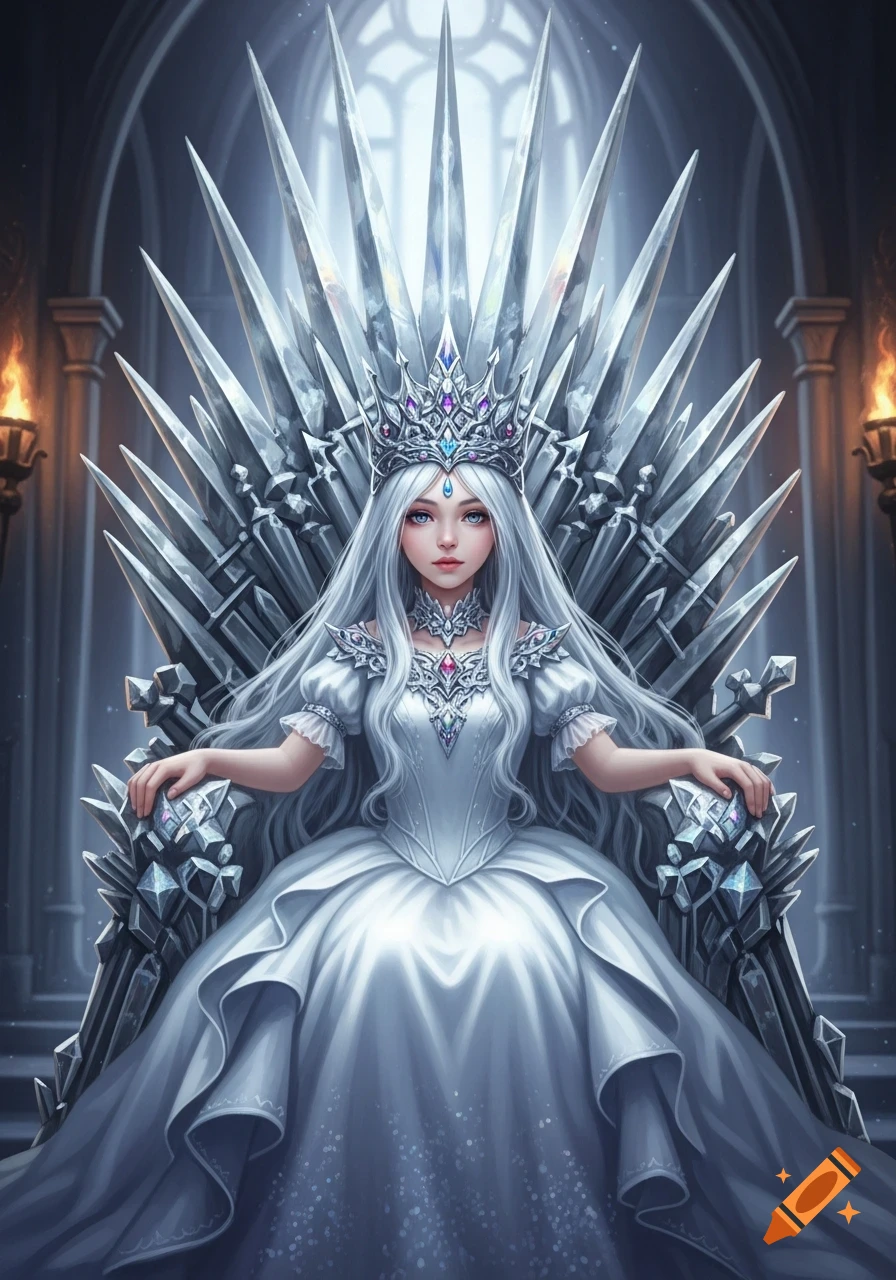 A fantasy ice queen with long white hair, a jeweled crown, and a ...
